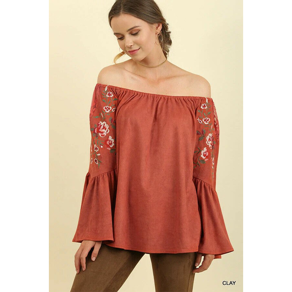 Umgee Off The Shoulder Suede Top‎ w/ Embroidered Bell Sleeves Boho Size 1XL Plus - Picture 1 of 7
